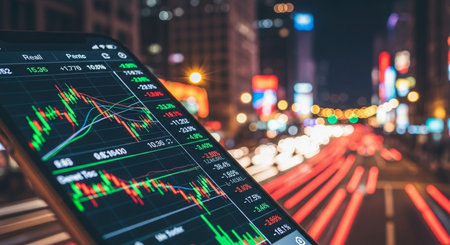 Stock market or forex trading graph and candlestick chart suitable for financial investment concept. Economy trends background for business idea and all art work design. Abstract finance background.の素材
