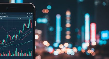 smartphone with stock market chart on screen over blur night city backgroundの素材
