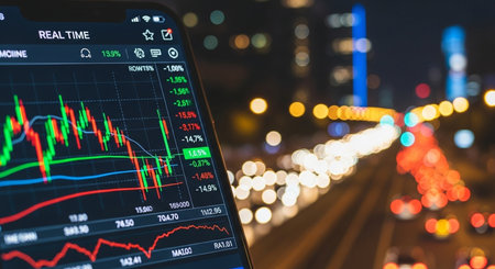 Smartphone with stock market data on the screen, stock market conceptの素材