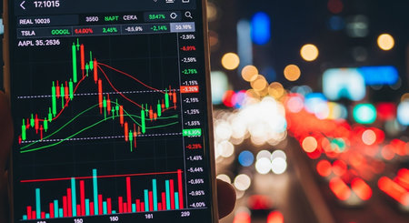 Financial stock market or forex trading graph and candlestick chart suitable for financial investment concept. Economy trends background for business idea and all art work design.の素材