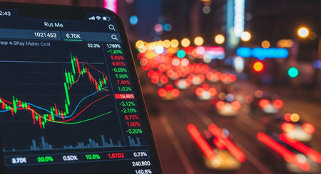 Smartphone screen with stock market data on city street background, stock trading conceptの素材