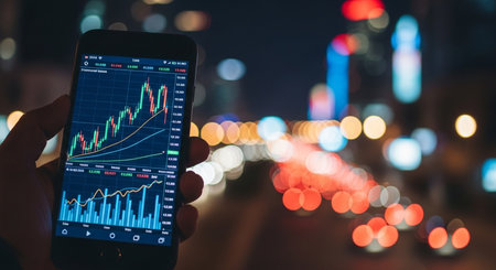 Smartphone screen displaying stock market data on the background of the night cityの素材