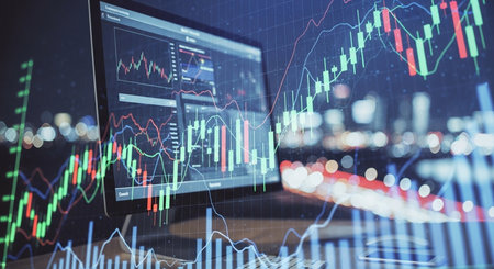 Laptop with abstract forex chart on blurry city background. Trade and finance concept. Double exposureの素材