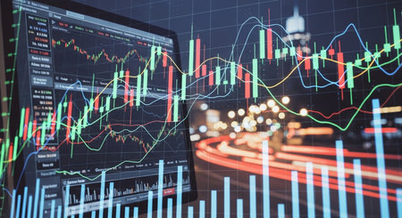 Abstract glowing forex chart interface on night city background. Finance and trade concept. Double exposureの素材