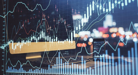 Forex market graph hologram and personal computer on background. Double exposure. Concept of investment.の素材