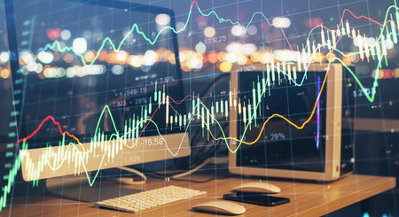 Stock market graph on background with desk and personal computer. Double exposure. Concept of financial analysis.の素材