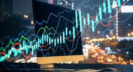 Forex market graph hologram and personal computer on background. Double exposure. Concept of investment.の素材