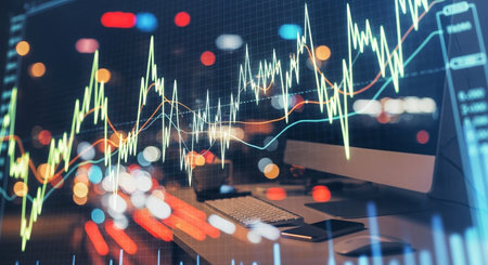 Stock market chart hologram drawn on personal computer background. Double exposure. Concept of investment.の素材