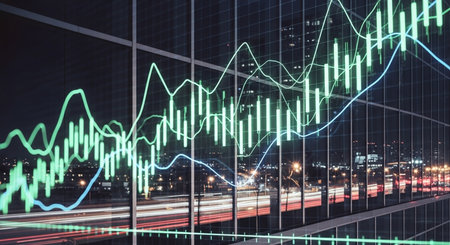 Forex chart on cityscape with tall buildings background. 3D renderingの素材