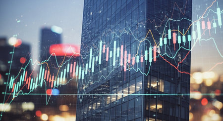 Forex chart on cityscape with tall buildings background multi exposure. Financial research concept.の素材