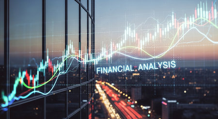 Forex trading graph on window with city view. Financial analysis concept. 3D Renderingの素材