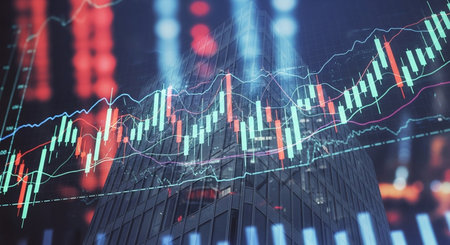 Financial graph on night city scape with tall buildings background double exposure.の素材