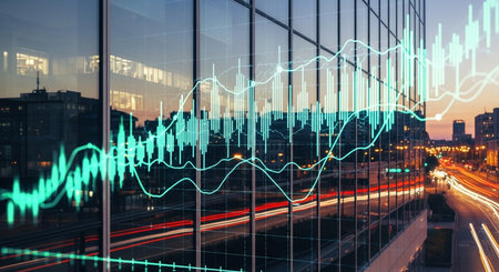Abstract glowing forex chart interface on modern office building background, financial and trading concept. Double exposureの素材