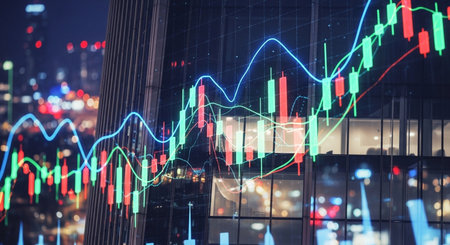 Double exposure of forex chart on cityscape background. Finance and trade concept.の素材