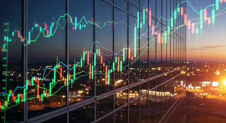 Forex trading graph on modern skyscrapers background. 3D renderingの素材