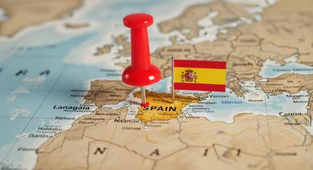 Spain map pin with flag. 3D illustration. Selective focus.の素材