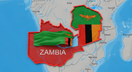 Map of Zambia with national flag and coat of arms on the map. 3d renderingの素材