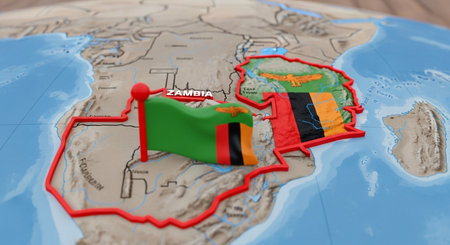 Zambia flag on the world map with borders. 3D renderingの素材