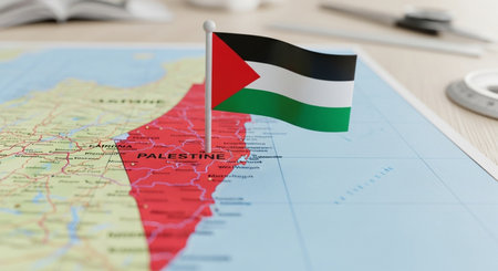 Palestine flag pin on a political map. United Arab Emirates travel concept.の素材