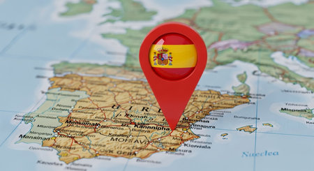 Spain pin on the map with flag. 3D Illustration.の素材