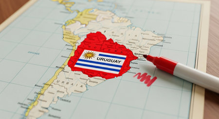 Uruguay map flag on a notepad with a red markerの素材