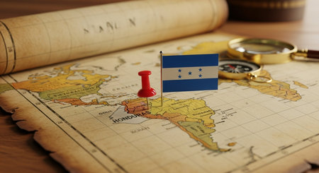 Honduras Flag on Old Vintage Map with Compass, Travel Conceptの素材