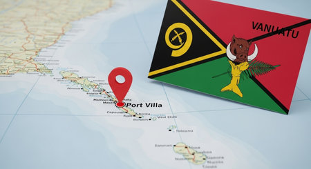 Location Vanuatu on the map with flag. 3D renderingの素材