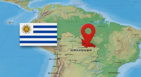 3D render of Uruguay map with flag and pin on the map.の素材