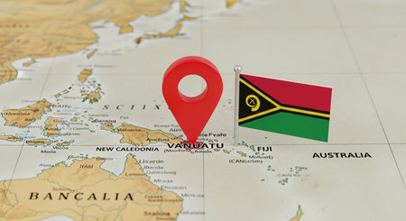 Location Vanuatu on the map with national flag. 3D renderingの素材
