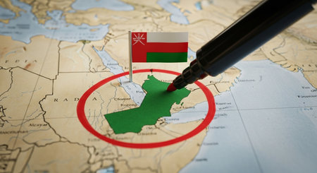 Oman map marked with marker on world map. Travel and tourism concept.の素材