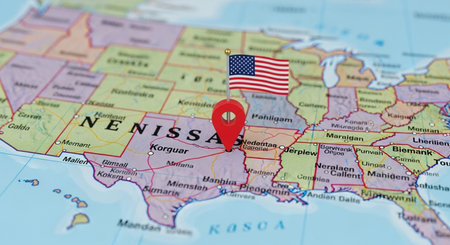 Close-up of the map of New York with the flag of the United States of America.の素材