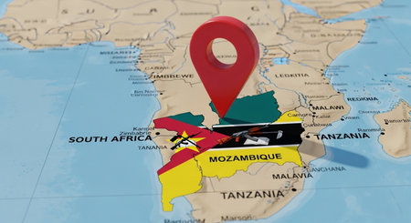 Location Mozambique on the map with marker. 3D renderingの素材
