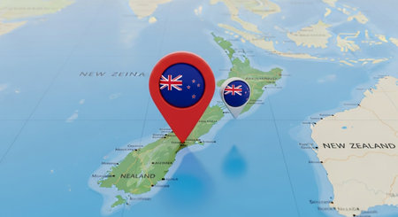 Location New Zealand on the map with national flag. 3D renderingの素材