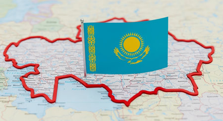 Kazakhstan Flag on a road map background. 3D Renderの素材