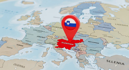 Slovenia national flag on a map with a marker. 3D renderingの素材