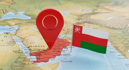 Location Oman on the map with national flag. 3D Renderingの素材