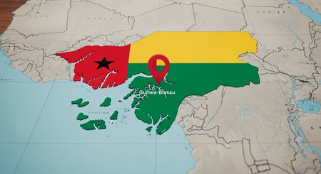 Map of Guinea-Bissau with national flag on world mapの素材