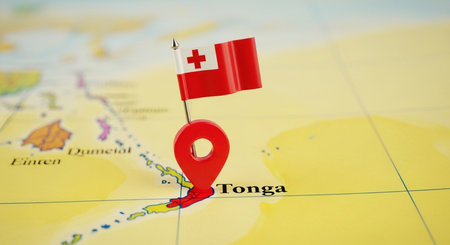 Tonga location pin on the map. Travel and tourism concept.の素材