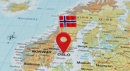 Map of Norway with the flag of Norway and the location on the map.の素材