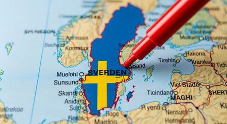 Sweden marked on the European map with a red marker pen.の素材