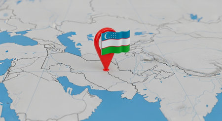 Map of Uzbekistan with national flag pin on the map. 3D renderingの素材