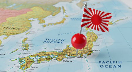 Flag of Japan pin on the map, 3D rendering. Copy space.の素材
