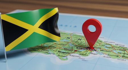 Jamaica pin location on road map with flag. 3D renderingの素材