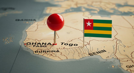 Map of Togo with pin focus on Togo national flag. 3D renderingの素材
