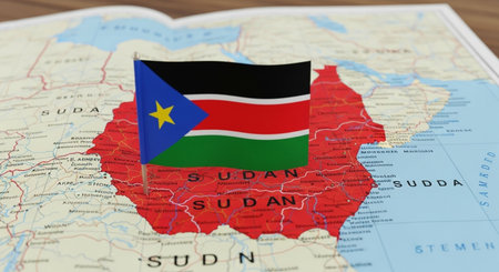 South Sudan flag on the map of South Sudan. 3D renderingの素材