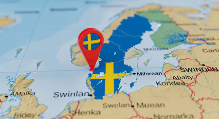 Sweden location on the map. Close-up. Shallow depth of field.の素材