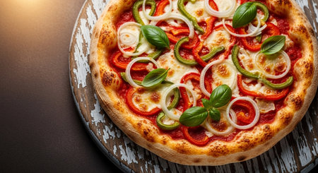 Pizza with mozzarella cheese, tomatoes, peppers and basil on a black backgroundの素材