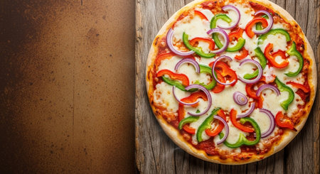 Pizza on old wooden background. Top view with copy space.の素材