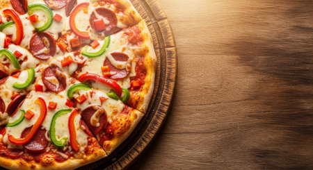 Pepperoni pizza on a wooden table. Top view with copy spaceの素材