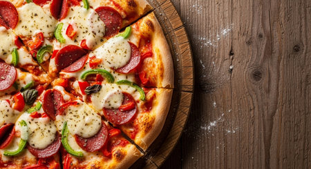 Pizza with salami, pepper and mozzarella on wooden backgroundの素材